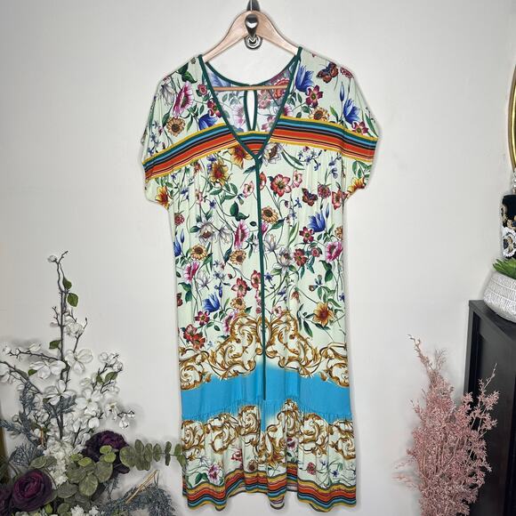 JOHNNY WAS Felix Trapeze Midi Jersey Dress Ornate Floral Cream Sz M $210 {3C34} - Picture 2 of 5